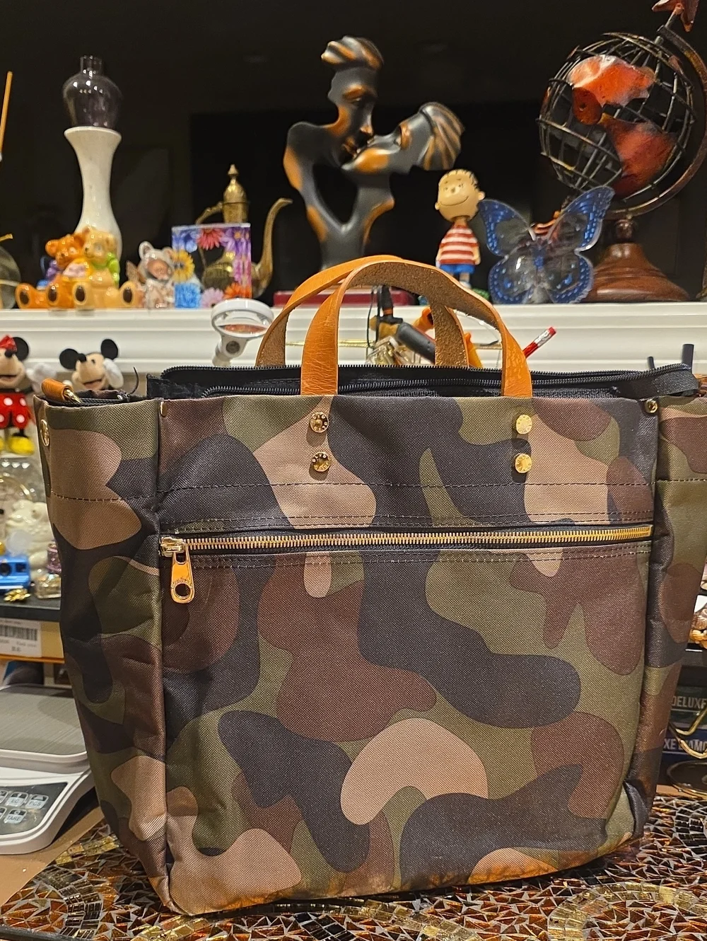 Camouflage Laptop Tote with Tan Leather Handles